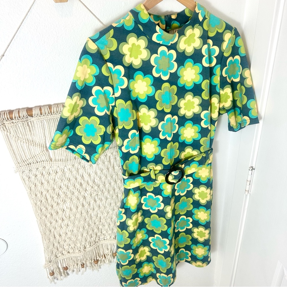 60s Flower Power Retro Vintage Like Floral Patterned Dress 70s Green US 14 - Picture 2 of 8